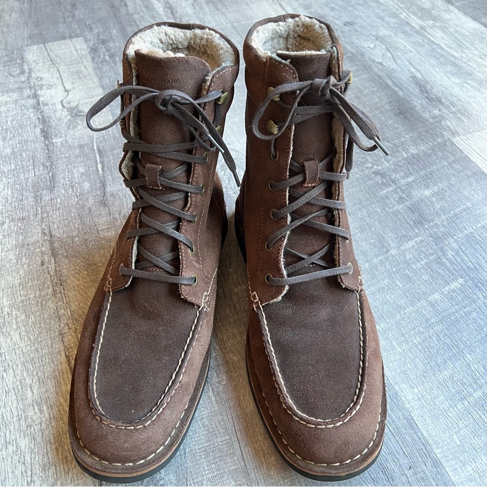 Andrew Marc Leather Suede Lace up Boots Brown Sherpa Lining Size 10.5